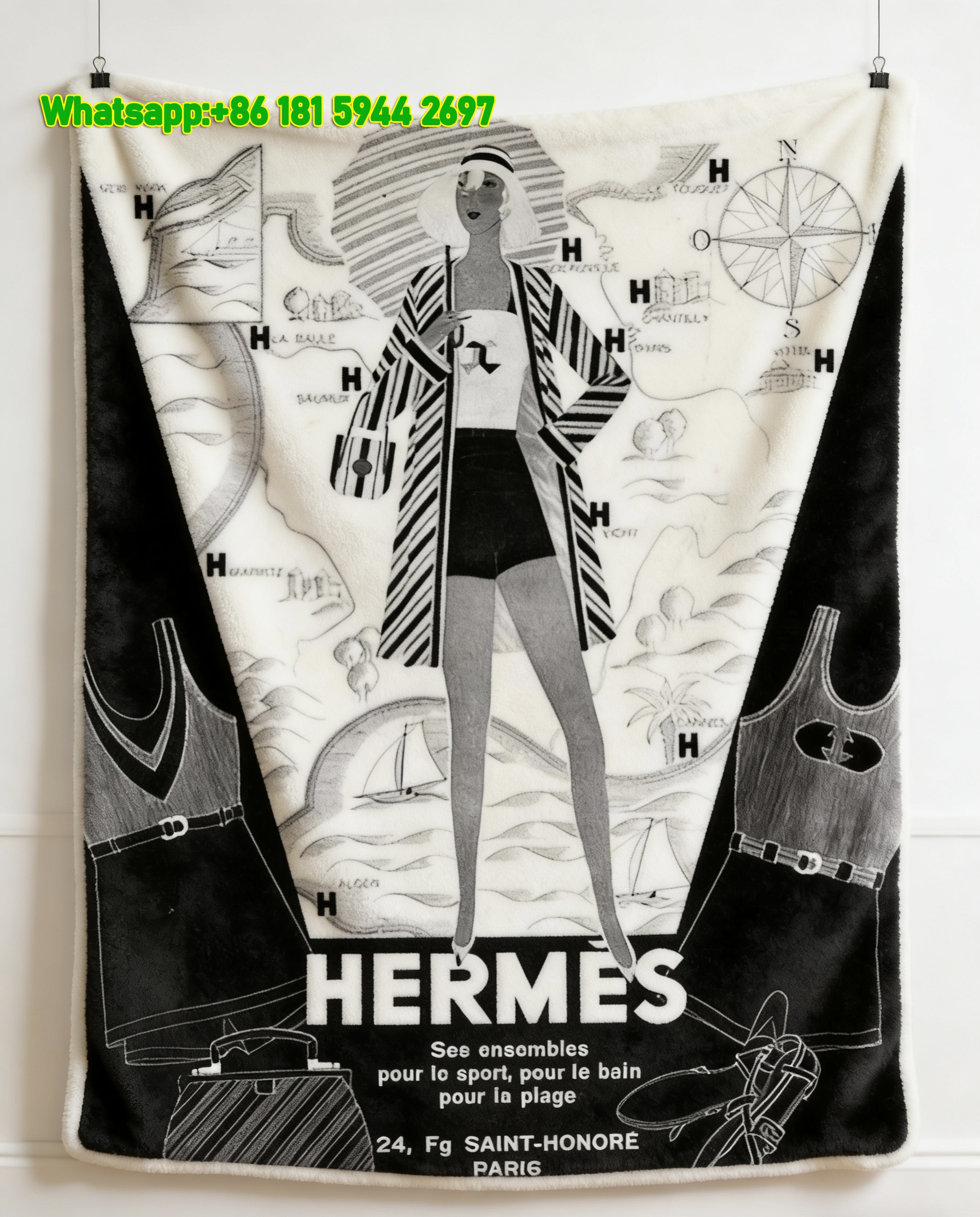Hermès Vintage Beach & Travel Map Print Flannel Throw Blanket IMG_5127